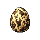 A large, upright egg with a detailed, mottled brown and cream camouflage pattern against a solid gray background.