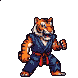 Anthropomorphic tiger in a dark blue gi with a red belt, mid-attack with a determined snarl.