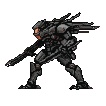 A futuristic soldier in dark, segmented power armor runs in a low, crouched position, holding a rifle. An orange visor glows on their helmet.