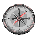 A classic compass with a metallic casing, light grey face marked with cardinal directions, and two red needles pointing North and South.