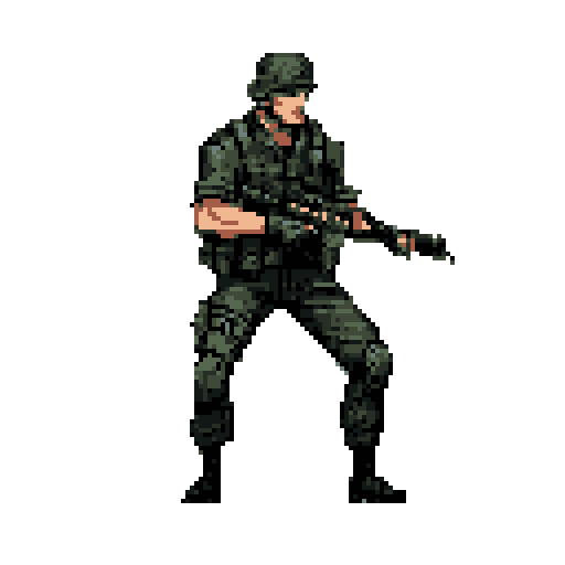 Soldier in dark green camouflage fatigues, wearing a helmet, crouched in a combat-ready stance, holding a rifle aimed downward.