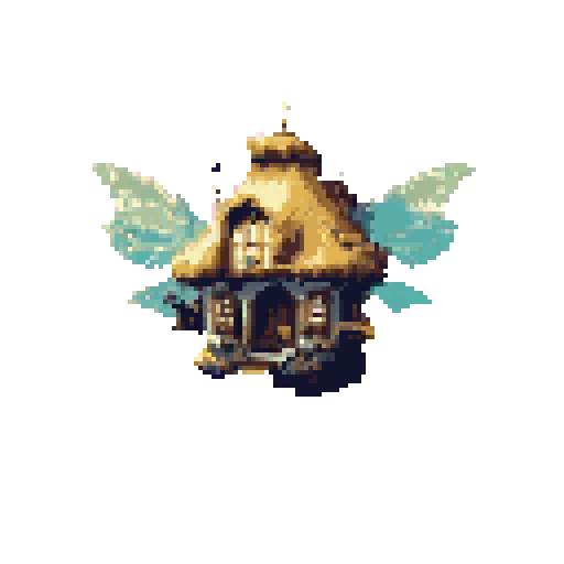 A small, fantastical house with thatched roof, wooden beams, and a dark opening, hovers mid-air with translucent, light blue wings behind it, set against a solid bright pink background.