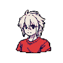 Bust shot of a young male anime-style character with spiky white hair, wearing a red shirt, against a dark indigo background.