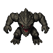 A hulking stone monster with a reptilian head and glowing red eyes charges forward.