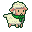A fluffy, cream-colored sheep with a green scarf trots joyfully, its legs in motion.