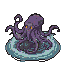 Colossal, deep purple octopus with glowing orange eyes, tentacles writhing, atop a shimmering watery surface.
