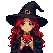 Young witch with auburn hair and pointed hat offers a red apple.