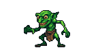 A green goblin with pointed ears, wide eyes, and bared teeth crouches in anticipation.