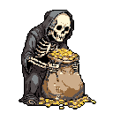 A skeletal Grim Reaper hunched over an overflowing sack of gold coins, with some coins spilled on the ground.
