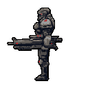 Heavily armored futuristic soldier standing in profile, facing left, holding a large firearm horizontally.