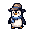Stylized penguin character in a blue scarf and hat, facing forward.