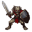 Skeletal warrior with glowing red eyes in a fighting stance, holding a sword and shield, wearing tattered crimson cloth.