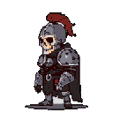 A skeletal warrior in metal armor and a red-plumed helmet, with a dark cape, stands centered against a dark gray background.