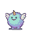 A group of five distinct pixel art monsters: a fluffy blue and purple winged unicorn monster, a green blob monster with three eyes, a rainbow gradient multi-limbed monster with a top hat, a light cloud monster, and a creamy ghost monster with a spiraling tail.