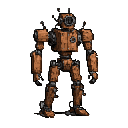 Tall, slender humanoid robot with a dark circular lens for a head, multiple thin antennae, and rusty orange and dark grey plating.