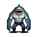 Anthropomorphic shark creature, standing upright and facing forward with mouth wide open, revealing sharp teeth.