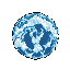 A stylized, pixelated blue sphere resembling Earth, with swirling white and lighter blue patterns suggesting continents and clouds, set against a dark blue background.