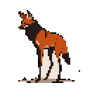 A stylized orange-red fox with black and white markings perches on a tall, narrow white cylinder with a jagged top. Its hind legs extend downwards, suggesting it is partially off the structure.