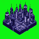 Isometric pixel cityscape of tall purple and blue skyscrapers against a solid neon green background.
