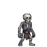 Skeletal warrior with tattered loincloth and fur mantle, standing in a watchful stance against a muted checkered background.