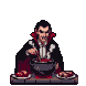 Gaunt vampire in a cape and formal attire stirs a bubbling cauldron with two plates of raw meat nearby.