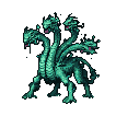 Teal-scaled, four-legged reptilian hydra with multiple serpentine necks and heads, poised in a predatory stance.