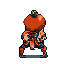 Stylized warrior figure in a determined stance, with arms bent and fists clenched, wearing a prominent orange shoulder piece against a grey background.