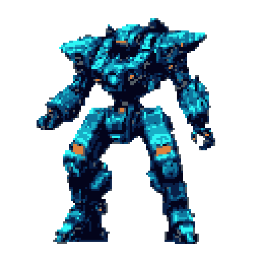 A large, blue and dark gray humanoid mecha with orange highlights on its joints and head, standing in a crouched, ready stance against a dark gray background.