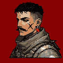 Stoic Warrior Portrait: Intense Gaze, Red Feather Earring