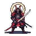 Stoic samurai warrior in dark blue-grey and crimson armor with gold accents, holding a katana. A glowing, fiery halo emanates behind the warrior's horned helmet.