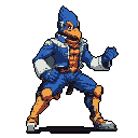 Falco Lombardi, the anthropomorphic blue and orange bird character from Star Fox, stands in a dynamic action pose. He has a determined expression, white and blue headpiece with an eyepiece, and clenched fists. A dark grey background with a subtle shadow beneath his feet.
