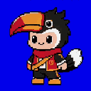 Chibi toucan character sprite with a large orange and red beak, wearing a red vest with gold trim, a white belly, and a red scarf.