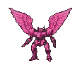 Rose-hued mech with large, feathered wings, hovering and preparing for flight or combat.