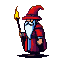 Elderly wizard in a red robe and pointed hat walks forward, holding a flickering torch.