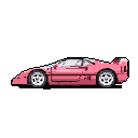 Side profile of a bubblegum pink sports car, resembling a Ferrari F40, with white wheels and dark grey background.