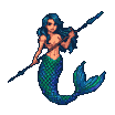 Fierce mermaid with dark blue hair and green/blue scaled tail lunges forward with a spear.