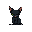 A slender black cat with large, perked triangular ears and wide, bright green eyes sits alertly against a solid gray background.