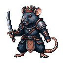 Anthropomorphic rat warrior king wearing a golden crown and armor, holding a sword.