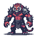 Anthropomorphic tiger warrior in spiked armor and tattered loincloth, with a fierce expression, swaying subtly.