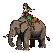 Elf with a bow rides a grey elephant.