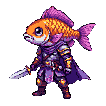 A fantastical warrior with a goldfish head stands in a defensive pose, holding a gleaming sword. The warrior wears detailed armor in deep purple, vibrant orange, and metallic gold, with pink and light blue accents. The background is solid black.