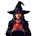 A witch with a pointed hat holds a glowing red apple.