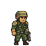 Pixel art soldier in a green uniform and helmet, holding a pistol, raising it in a ready-to-fire stance with a muzzle flash.