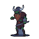 Green-skinned orc character in three-quarter profile, facing left, with raised left fist and a dagger in their right hand. Wears a horned helmet, fur-lined shoulder pads, and a knee-length skirt. A second dagger is sheathed at their belt. Solid dark green background.