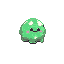 A pastel green, blob-like creature with a happy smile and rosy cheeks, set against a dark purple background.