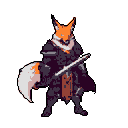 Anthropomorphic fox warrior in dark armor stands centrally, holding a katana diagonally across their body.