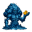 A hulking, dark blue water elemental with glowing yellow eyes and sharp musculature menacingly cradles a bright yellow rubber duck in its clawed hand.