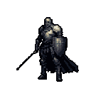 A pixelated knight in gray and dark blue armor stands ready, holding a spear in their left hand and a cross-emblazoned shield in their right.