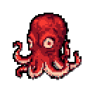 Reddish-pink octopus with bulbous mantle and eight curled arms, large round eyes gazing left, set against a solid gray background.