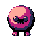 A small, round, magenta creature with wide dark eyes and a jagged dark mouth, tilting its head and jiggling its body.